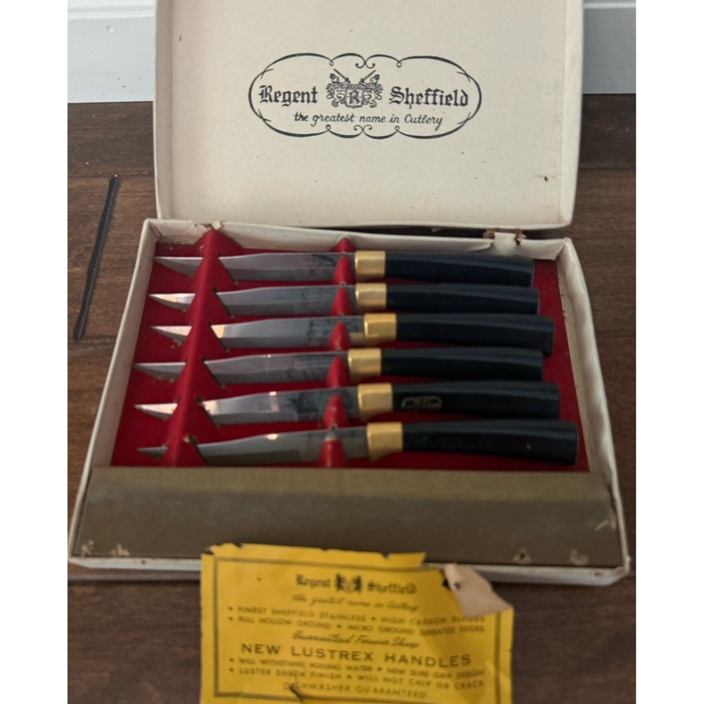 Regent Sheffield Vintage 6 Piece Steak Knife Set 24KT Gold Plated MCM NEW!